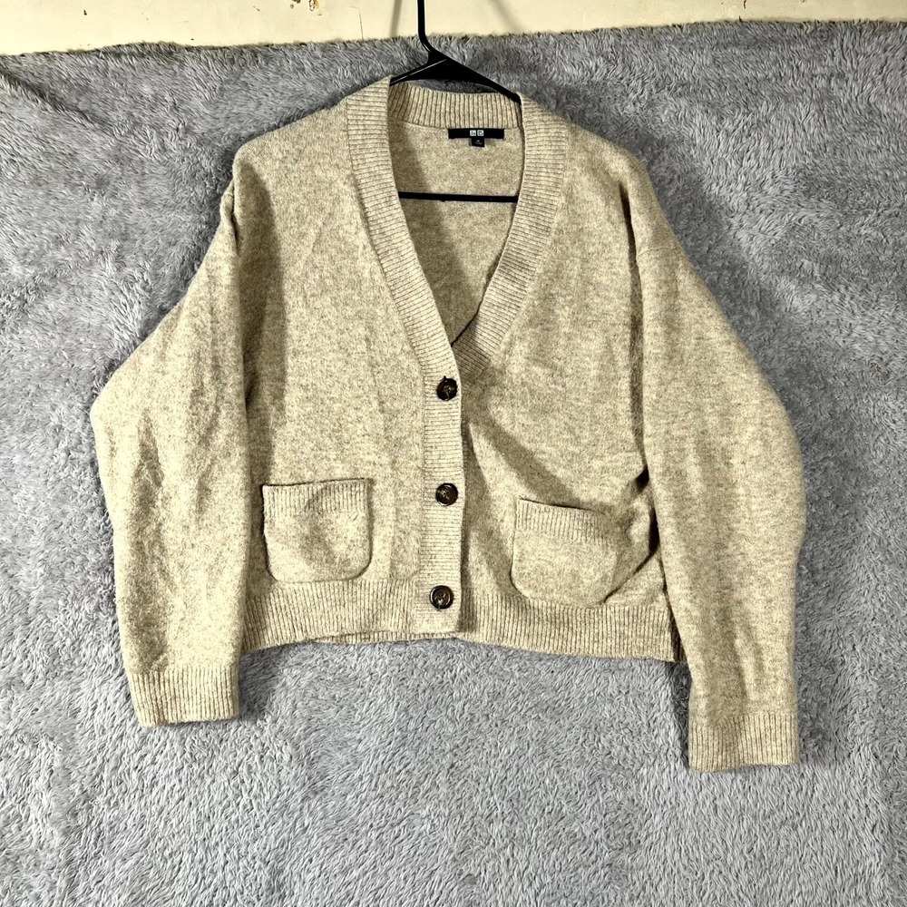 Uniqlo Cardigan Sweater Womens Medium Beige Wool Stretch Button Front Outdoor